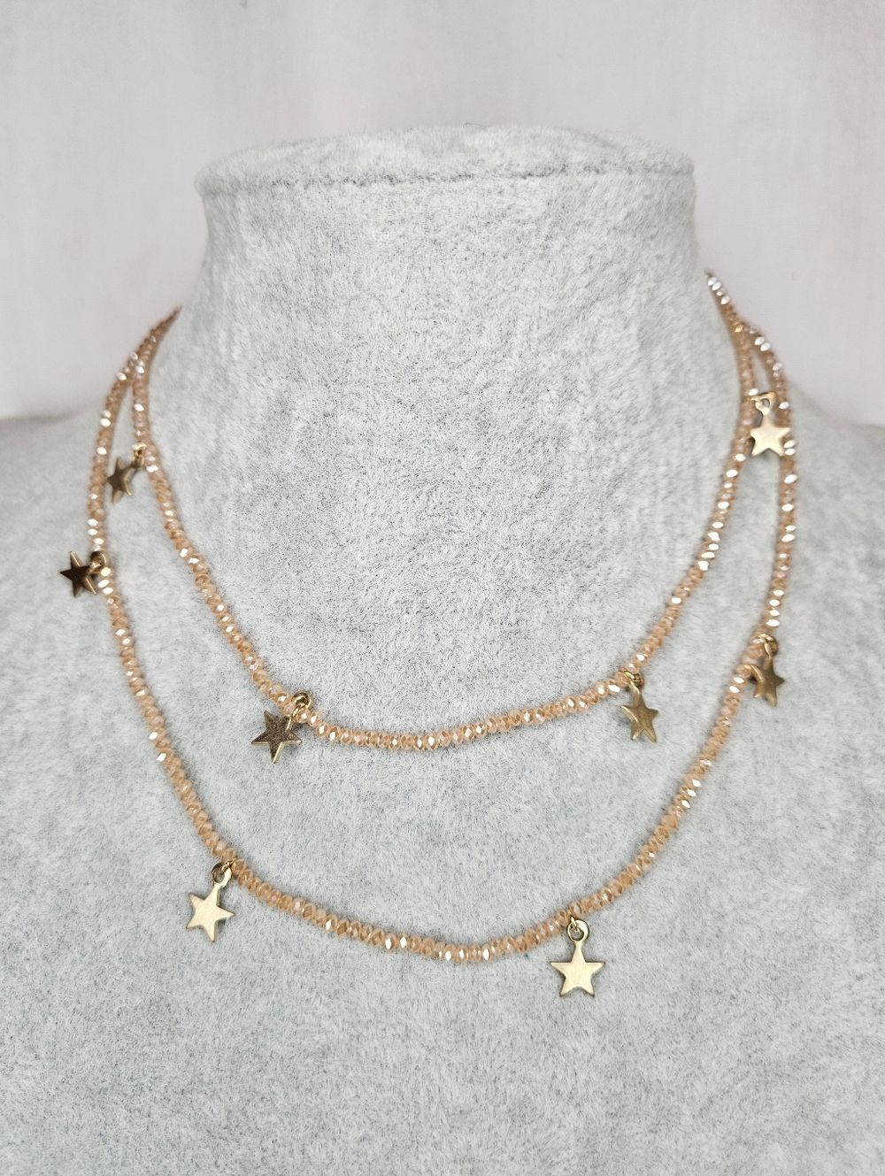 Dainty Gold Star Charm Beaded Necklace - Nude/Tan Celestial Wrap